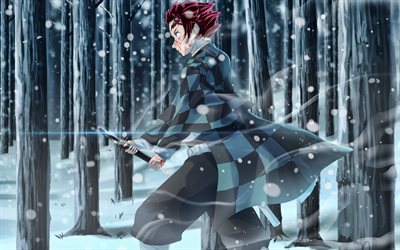 4k, Tanjirou Kamado, winter, samurai, Kimetsu no Yaiba, Tanjirou, forest, manga, Kamado Tanjiro