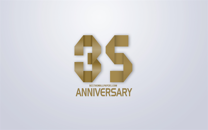 35th Anniversary, Anniversary golden origami Background, creative art, 35 Years Anniversary, gold origami letters, 35th Anniversary sign, Anniversary Background