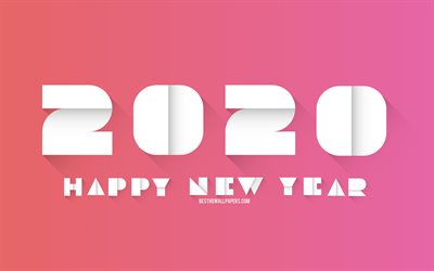 2020 Origami Background, Happy New Year 2020, Pink 2020 background, white paper letters, 2020 concepts, creative art, 2020 New Year, 2020 origami