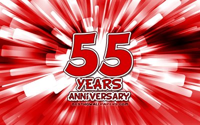 55 aniversario, 4k, rojo, rojo abstracto rayos, aniversario de conceptos, el arte de dibujos animados, 55 aniversario de signo, obras de arte, de 55 A&#241;os de Aniversario