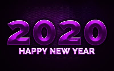 2020 violett 3D-siffror, 4k, violett metalln&#228;t bakgrund, Gott Nytt &#197;r 2020, 2020 metall konst, 2020 begrepp, violett metall siffror, 2020 p&#229; violett bakgrund, 2020 &#229;rs siffror