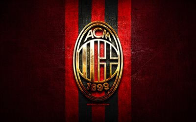 AC Milan, golden logo, Serie A, red metal background, football, Milan FC, italian football club, AC Milan logo, soccer, Italy