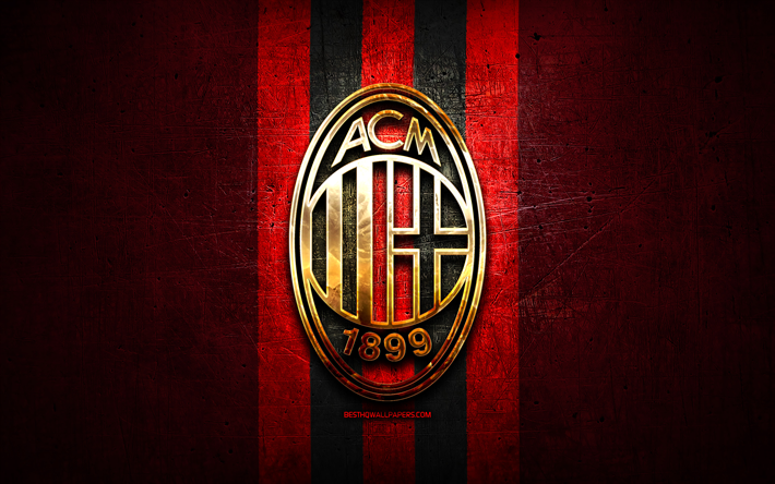 L&#39;AC Milan, logo dor&#233;, Serie A, rouge m&#233;tal, fond, football, Milan FC, italien football club, l&#39;AC Milan logo, Italie