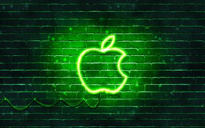 Apple green logo, 4k, green brickwall, green neon apple, Apple logo, brands, Apple neon logo, Apple