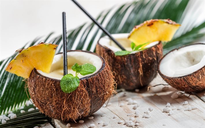 Pina colada, coquetel de abacaxi, coquetel no coco, receita de Pina colada, rum, creme de coco, leite de coco, suco de abacaxi
