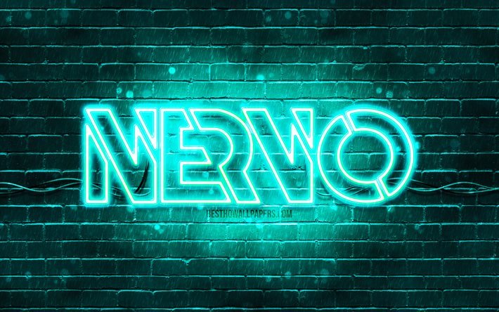 Nervo turkuaz logosu, 4k, s&#252;per yıldızlar, Avustralya DJ&#39;leri, turkuaz tuğla duvar, Nervo logosu, Olivia Nervo, Miriam Nervo, NERVO, m&#252;zik yıldızları, Nervo neon logosu