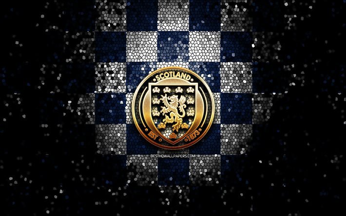 Squadra di calcio scozzese, logo glitter, UEFA, Europa, sfondo a scacchi bianco blu, arte del mosaico, calcio, squadra nazionale di calcio scozzese, logo SFA, Scozia