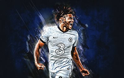 Reece James, Chelsea FC, English footballer, portrait, blue stone background, football