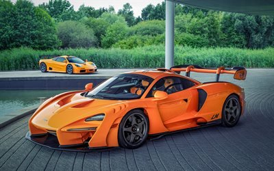 2020, McLaren Senna LM, 4k, front view, orange sports coupe, tuning Senna, new orange Senna, British sports cars, McLaren