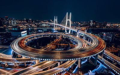 Puente Nanpu, 4K, carretera de intercambio, de paisajes nocturnos, R&#237;o Huangpu, las ciudades chinas de Shanghai, China, en Shanghai, en la noche
