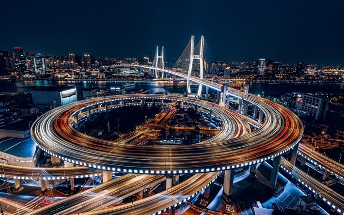 Nanpu Bridge, 4K, svincolo stradale, paesaggi notturni, Fiume Huangpu, citt&#224; cinesi, Shanghai, Cina, Shanghai di notte