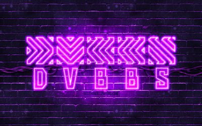 Logotipo violeta de DVBBS, 4k, Cr&#243;nicas de Chris, Alex Andre, pared de ladrillo violeta, logotipo de DVBBS, celebridad canadiense, logotipo de ne&#243;n de DVBBS, DVBBS