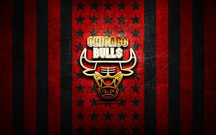 Chicago Bulls -lippu, NBA, punainen musta metallitausta, amerikkalainen koripalloseura, Chicago Bulls -logo, USA, koripallo, kultainen logo, Chicago Bulls