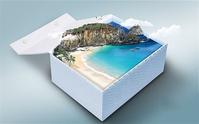 travel as a gift, gift box, island, cruise, beach, sea