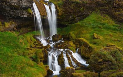 vattenfall, berg, gr&#246;na bergssluttningar, Island, Grundarfjordur
