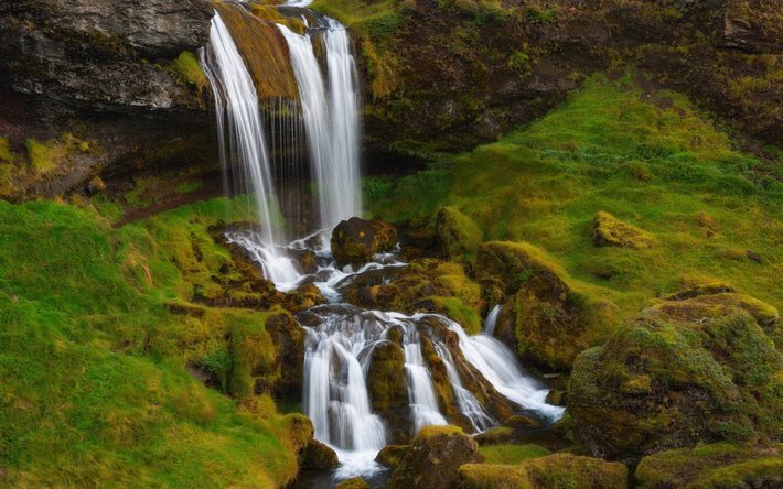 cascata, montagna, verde, piste di montagna, Islanda, Grundarfjordur
