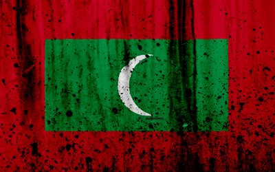 Maldivler bayrağı, 4k, grunge, Maldivler bayrak, Asya, Maldivler, ulusal semboller, ulusal bayrak