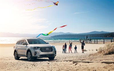 Hyundai Santa Fe, 2018, 4k, SUV, silver Santa Fe, new cars, beach, sand, Hyundai, USA
