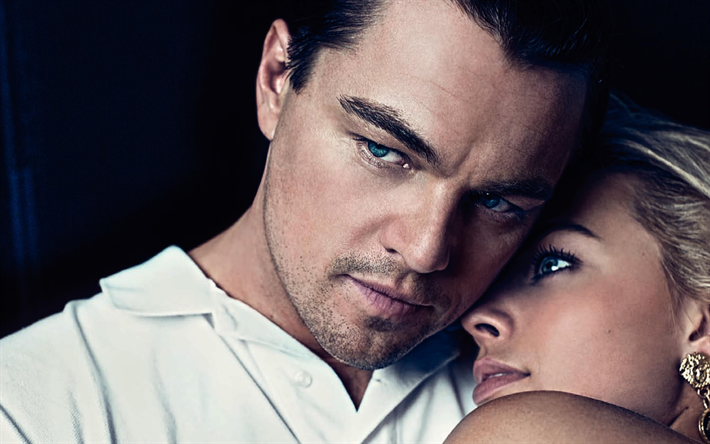 Leonardo DiCaprio, Margot Robbie, actores norteamericanos, retrato, ojos azules
