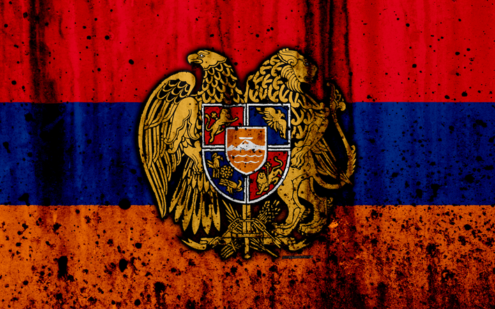 Armeniska flaggan, 4k, grunge, Asien, flagga av Armenien, nationella symboler, Armenien, Armeniska vapen, flagga