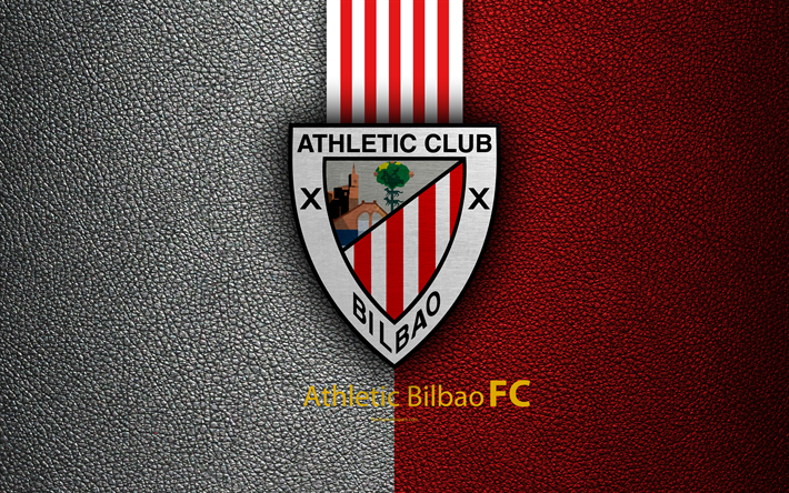 Athletic Bilbao FC, 4k, club de f&#250;tbol espa&#241;ol, La Liga, logotipo, emblema, de textura de cuero, Bilbao, Espa&#241;a, f&#250;tbol