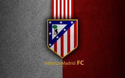 L&#39;Atletico Madrid, 4k, espagnol, club de football, La Liga, l&#39;Atletico logo, embl&#232;me, un cuir &#224; la texture, Bilbao, Espagne, football