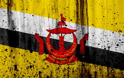 Brunein lippu, 4k, grunge, Aasiassa, lipun Brunei, kansalliset symbolit, Brunei, Brunei vaakuna, lippu, kansallinen tunnus Brunei