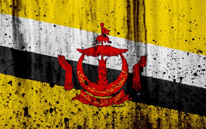 Brunei flagga, 4k, grunge, Asien, flagga av Brunei, nationella symboler, Brunei, Brunei vapen, flagga, nationella emblem i Brunei