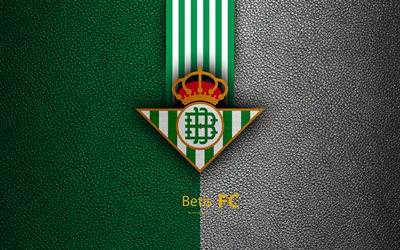 El Real Betis FC, 4k, club de f&#250;tbol espa&#241;ol, La Liga, logotipo, emblema, de textura de cuero, Bilbao, Espa&#241;a, f&#250;tbol