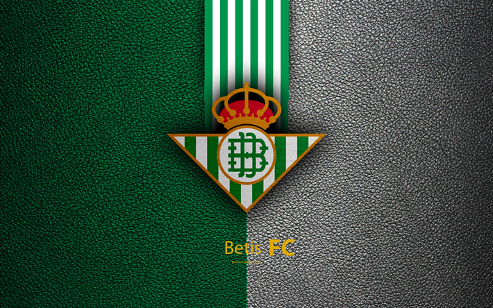 Real Betis FC, 4k, Spanish football club, La Liga, logo, emblem, leather texture, Bilbao, Spain, football