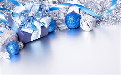 blue Christmas balls, 4k, Christmas, New Year decorations, New Year 2018, ribbons