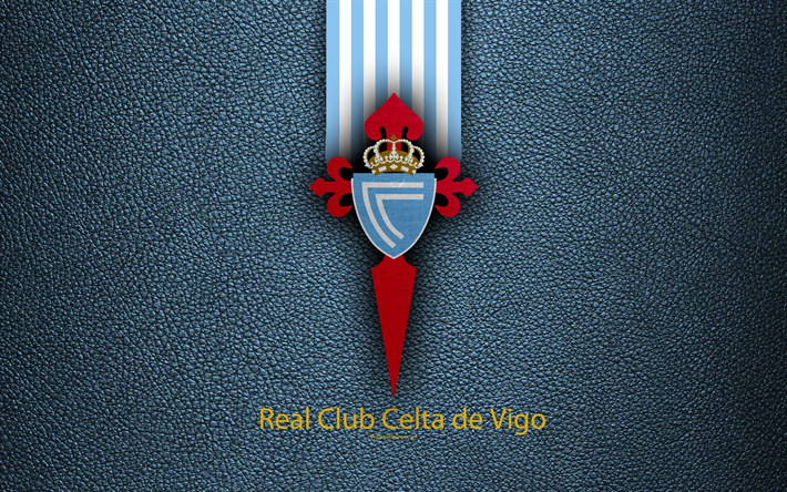Celta de Vigo FC, 4K, club de f&#250;tbol espa&#241;ol, La Liga, logotipo, emblema, de textura de cuero, Sevilla, Espa&#241;a, f&#250;tbol