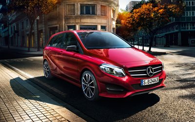 Mercedes-Benz B-Class, 2018, 4k, new cars, red B-Class, German cars, Mercedes