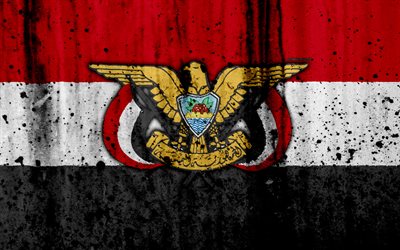 Jemens flagga, 4k, grunge, Asien, flaggan i Jemen, nationella symboler, Jemen, Jemens vapen, flagga