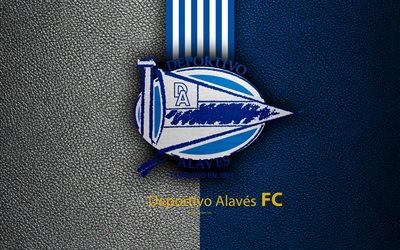 El Deportivo Alaves FC, 4K, club de f&#250;tbol espa&#241;ol, La Liga, logotipo, emblema, de textura de cuero, Vitoria-Gasteiz, Espa&#241;a, f&#250;tbol
