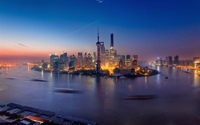 Shanghai, moderni edifici, paesaggi notturni, Asia, Cina