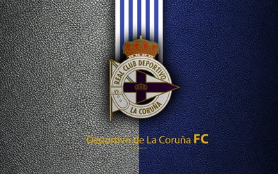 El Deportivo de La Coru&#241;a FC, 4K, club de f&#250;tbol espa&#241;ol, La Liga, logotipo, emblema, de textura de cuero, en La Coru&#241;a, Espa&#241;a, f&#250;tbol