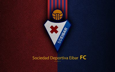 La Sociedad Deportiva Eibar, FC, 4K, espagnol, club de football, La Liga, Eibar logo, embl&#232;me, un cuir &#224; la texture, Eibar, Espagne, football