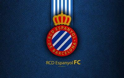 RCD Espanyol FC, 4K, Spanish football club, La Liga, logo, emblem, leather texture, Barcelona, Catalonia, Spain, football