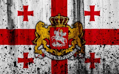 ジョージ王朝様式のフラグ, 4k, グランジ, アジア, 旗のジョージア, 国立記号, ジョージア, コート武器のジョージア, 国旗, グルジア国立エンブレム