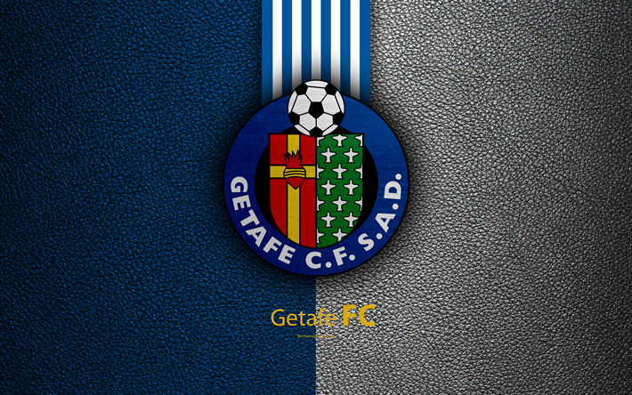 خيتافي FC, 4K, الاسباني لكرة القدم, الدوري الاسباني, شعار, جلدية الملمس, خيتافي, إسبانيا, كرة القدم