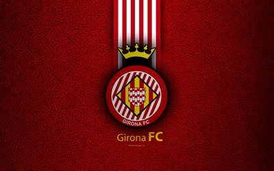 Girona FC, 4K, Spanish football club, La Liga, logo, emblem, leather texture, Girona, Spain, football