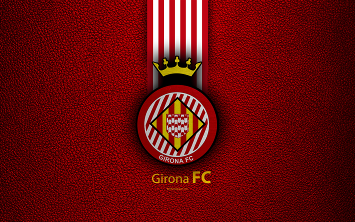 جيرونا FC, 4K, الاسباني لكرة القدم, الدوري الاسباني, شعار, جلدية الملمس, جيرونا, إسبانيا, كرة القدم