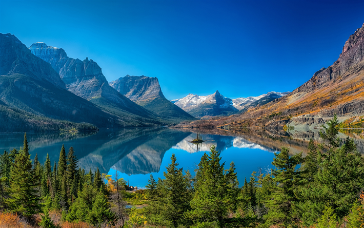 mountain lake, forest, mountain landscape, Saint Mary Lake, Rocky Mountains, Glacier National Park, Montana, USA