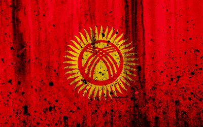 Kirghizo bandiera, 4k, grunge, Asia, bandiera del Kirghizistan, simboli nazionali, Kirgizia, stemma del Kirghizistan, bandiera nazionale, Kyrgyz emblema nazionale
