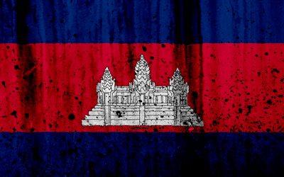 Riel bandeira, 4k, grunge, bandeira do Camboja, &#193;sia, Camboja, s&#237;mbolos nacionais, Camboja bandeira nacional