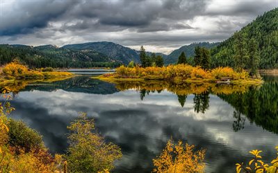 Lake Alva, mountain landscape, autumn, forest, beautiful lake, USA, Montana