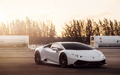 Lamborghini Huracan, valkoinen urheilu coupe, italian autot, illalla, sunset, superauto, Valkoinen Huracan, Lamborghini