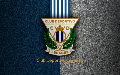 Leganes FC, 4K, Spanish football club, La Liga, logo, emblem, leather texture, Leganes, Spain, football