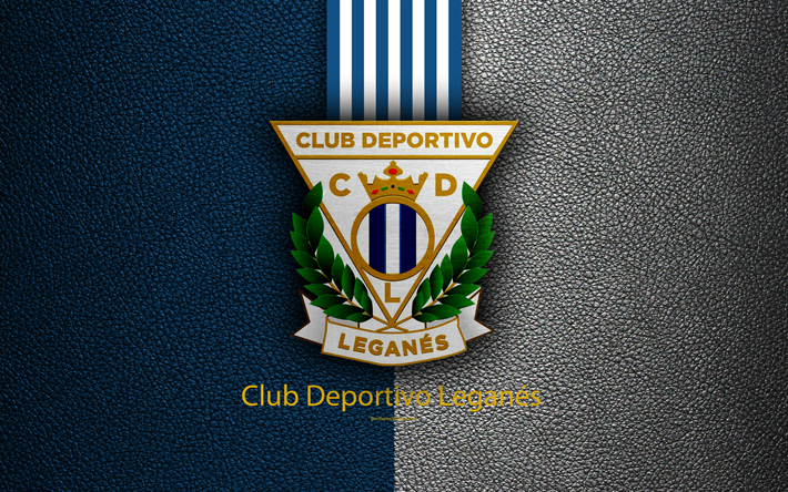 Leganes FC, 4K, club spagnolo, La Liga, logo, simbolo, texture in pelle, Leganes, Spagna, calcio